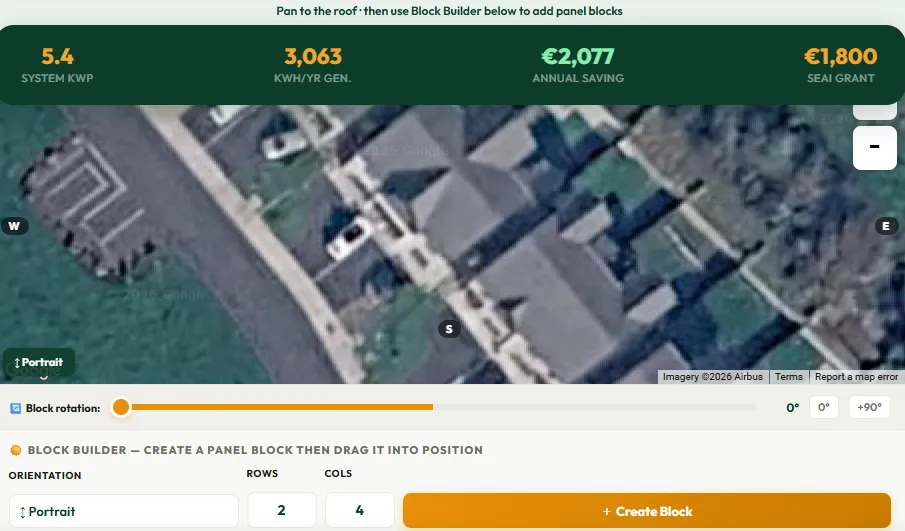 Caolú roof survey showing on-screen yield and savings for a home
