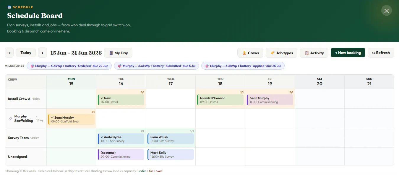 Caolú schedule board tracking crews and install milestones