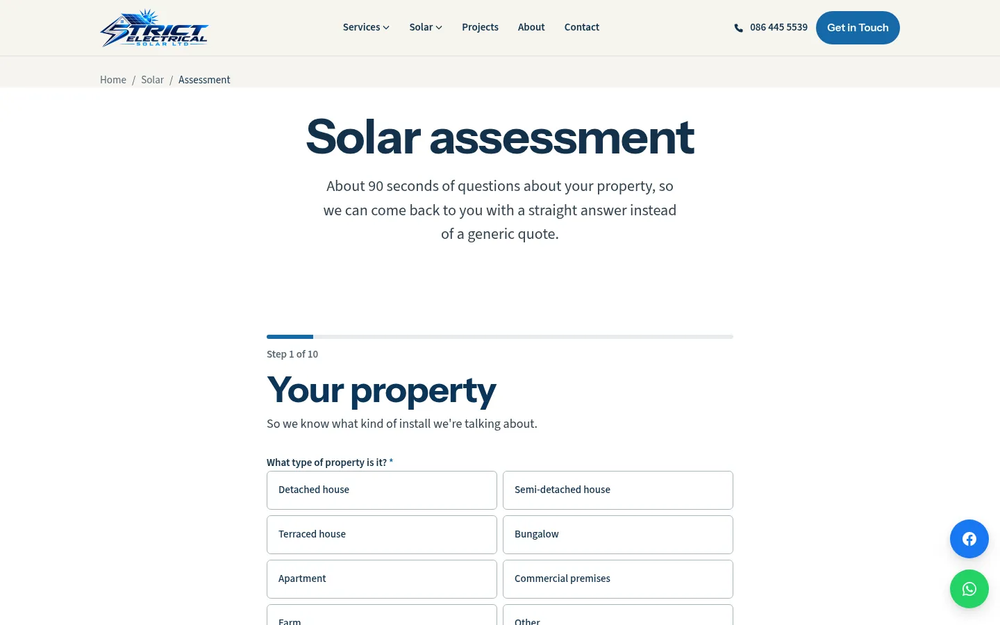 Strict Electrical Solar assessment tool, a real live Lead Engine built by Caolú, step 1 of 10 shown