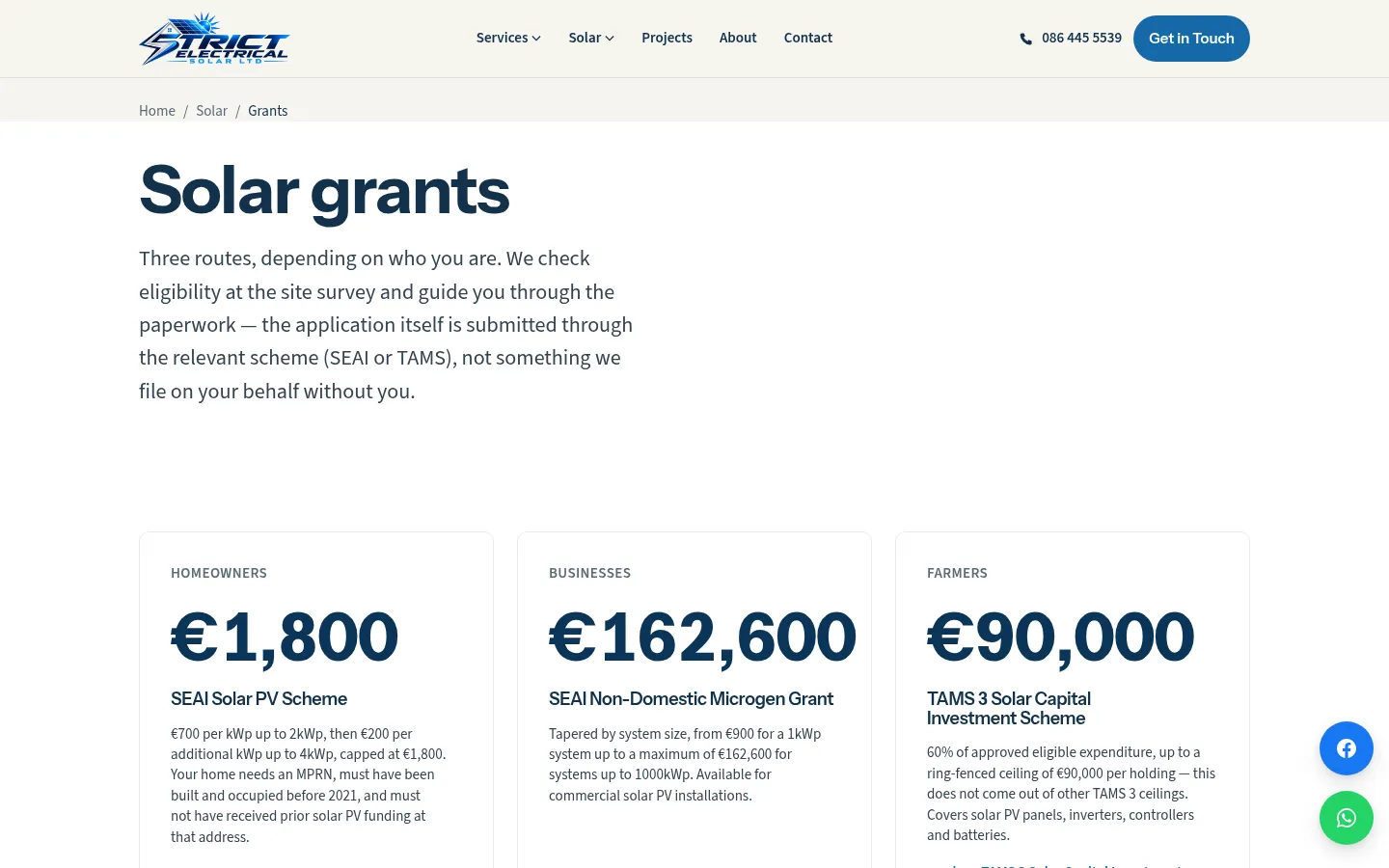 Strict Electrical Solar grants page showing the SEAI homeowner, business and farmer grant amounts