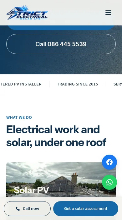 Strict Electrical Solar mobile site showing the sticky Call now and Get a solar assessment bar