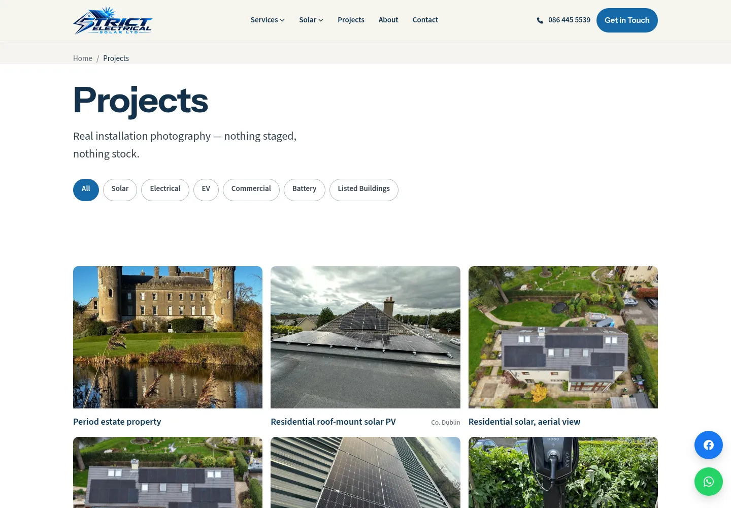 Strict Electrical Solar projects page, filterable by Solar, Electrical, EV, Commercial, Battery and Listed Buildings